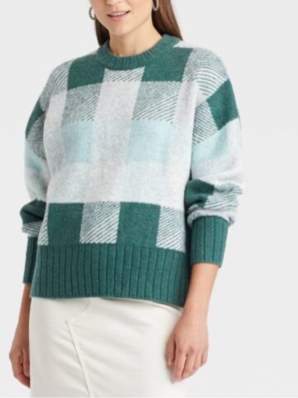a new day Green Plaid Crewneck Sweater - Classic Cozy Knit. Size Large